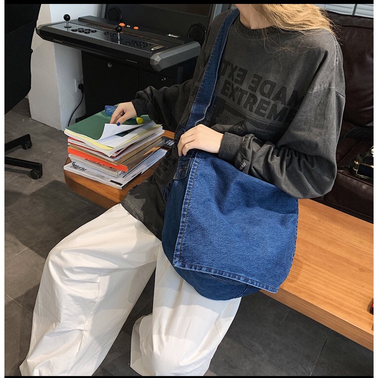 Denim Korean Jeans Slingbag Kasual Plain Unisex -Tas Wanita Pria Casual Import Big size Rama