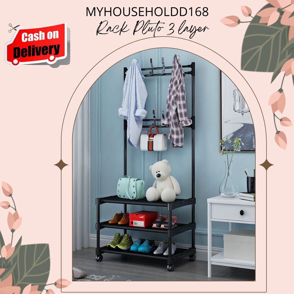 SHENAR myhouseholdd168 - PLUTO RACK - STAND HANGER SINGLE 3 LAYER - RAK GANTUNGAN SERBAGUNA RODA - RAK GANTUNG ADA RODA