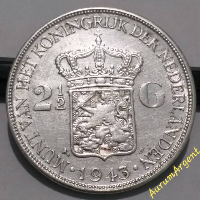 SWILH2.5G-5.. 1 PC KOIN PERAK KUNO ASLI 2.5 GULDEN WILHELMINA TH 1943. -- SILVER COIN --
