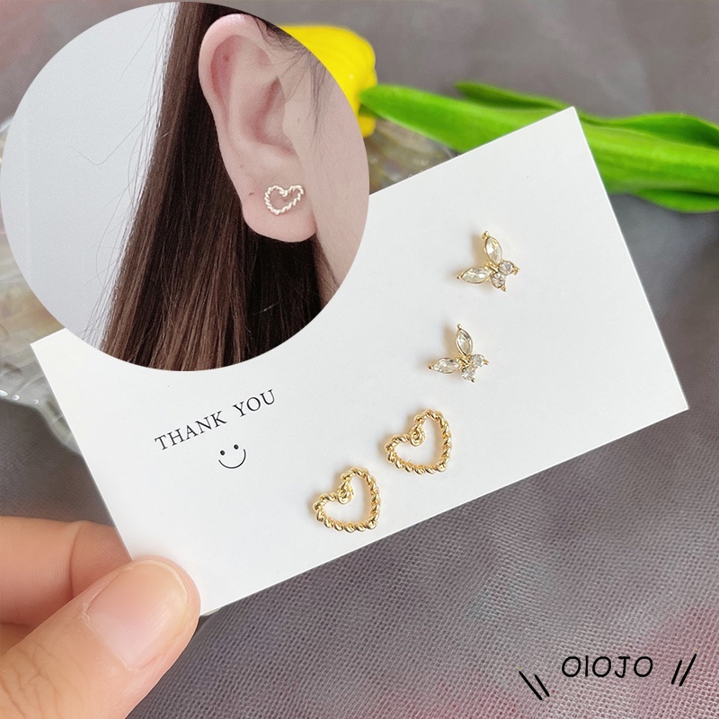 Korea Fashion Anting-Anting Sederhana Temperamen Paduan Telinga Studs Set Kupu-kupu Cinta Hati Perhiasan Untuk Wanita - ol