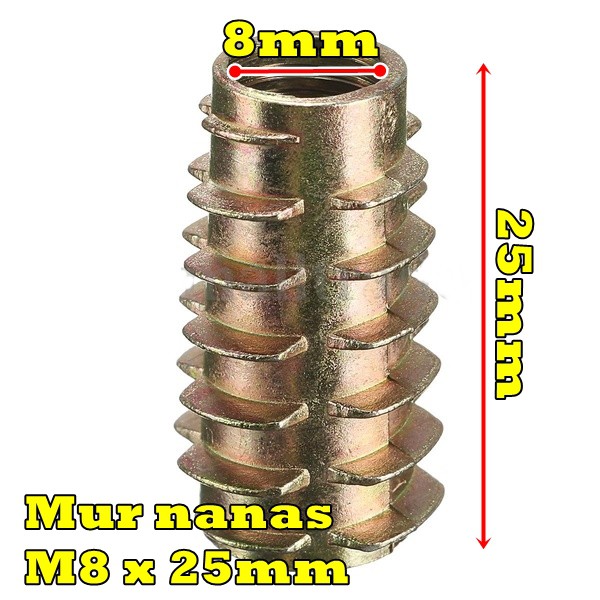 mur nanas M8 x 25mm OE mur furniture / mur tanam / insert nuts dim 8mm