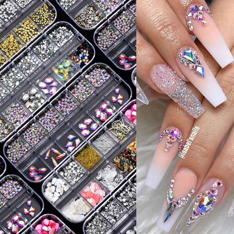 Ab Flat Back Clear Nail Rhinestone 3D Flat Bottom Ukuran Campur Mempesona Nail Art Dekorasi in Wheel