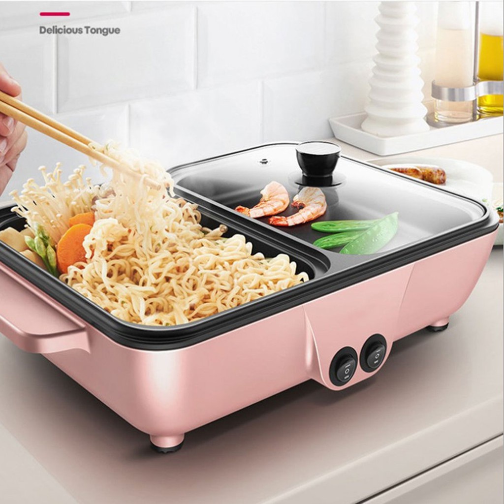 Multifungsi Elektrik Grill Fan Dan Hot Pot 2IN1 Mini Steambot BBQ Shabu-Shabu Multi-Function Set Non Stick Pot Panggangan Cook Fry Tahan Panas