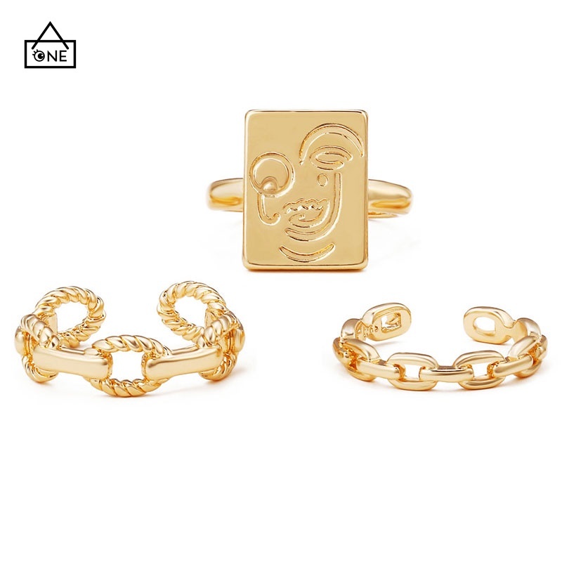 COD❤3pcs / Set Cincin Rantai Emas Model Terbuka Dapat Disesuaikan Untuk Aksesoris A one