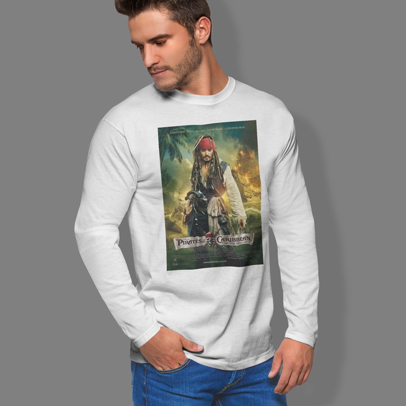 Kaos Tangan Panjang Pirates of The Caribbean Tshirt Casual Bahan Katun Unisex T-Shirt