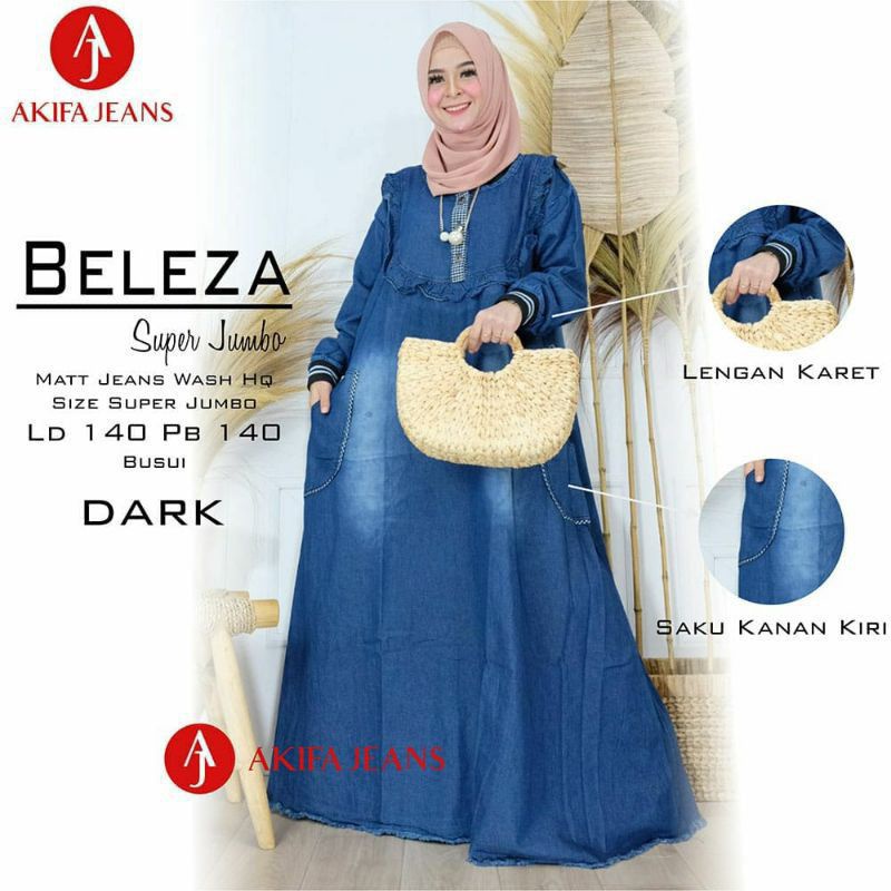 Gamis Jeans Super Jumbo Beleza Gamis Wanita Gamis syari Bahan full Jeans Wash hq Ori LD 140-1