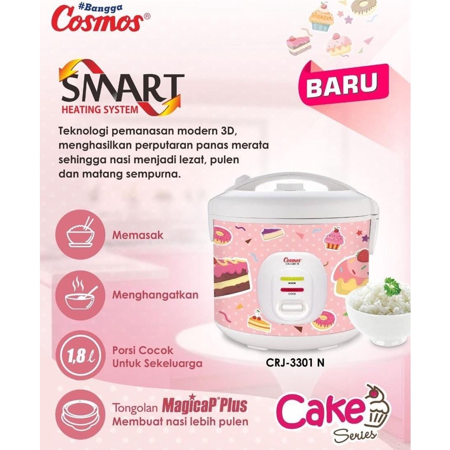 Cosmos Penanak nasi CRJ3301NC – Magic Com / Rice Cooker 1.8 Liter 2 in1 Nonstick Cake Series NEW