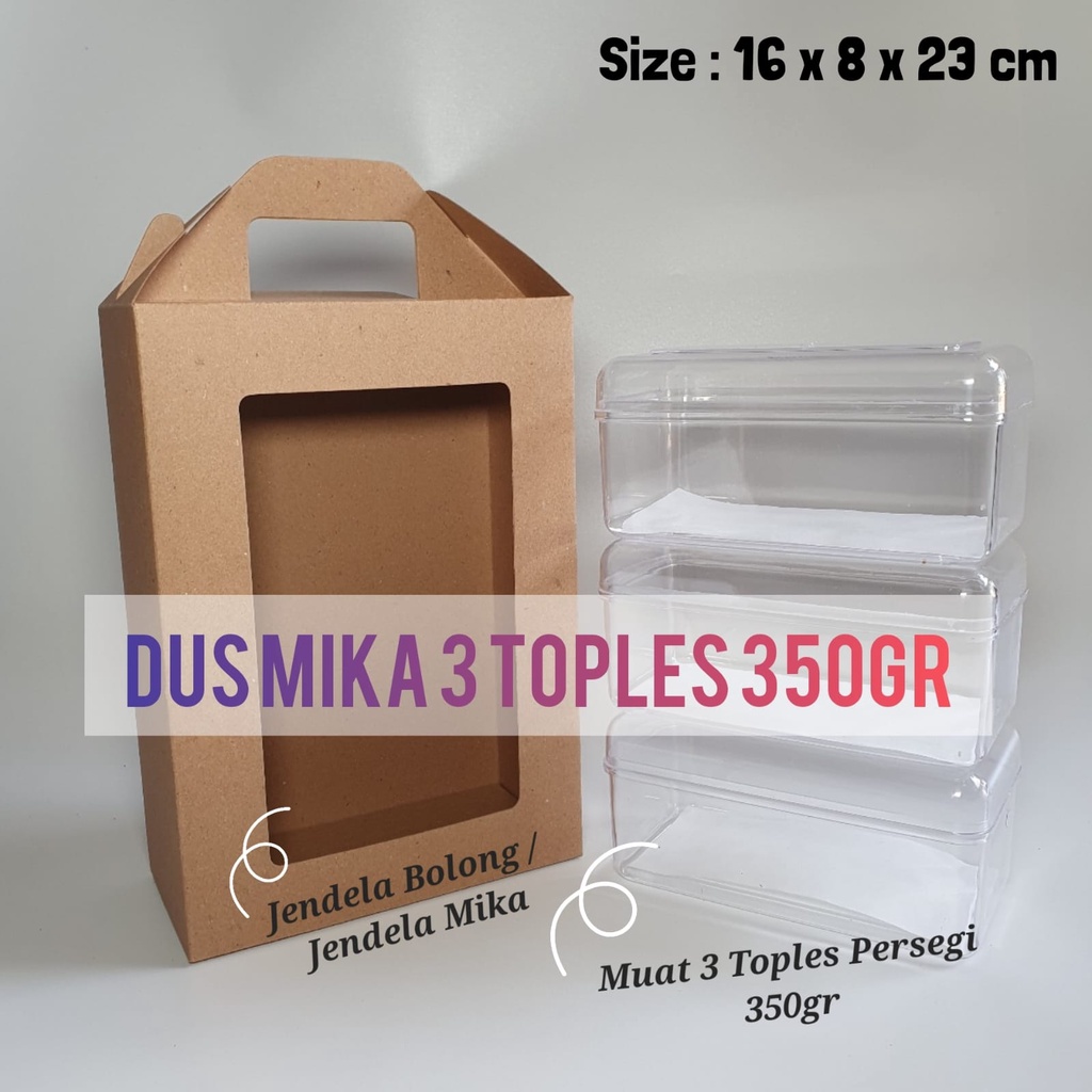 

Dus Tenteng 16x8x23cm muat 3 Toples Persegi 350gr Jendela Bolong - Kotak Kue Kering Box Hampers Sajadah
