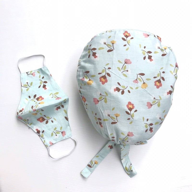 Topi Bedah / Surgical Cap / Nurse Cap / Topi Perawat Motif Tosca Bunga No 66 Biru Muda