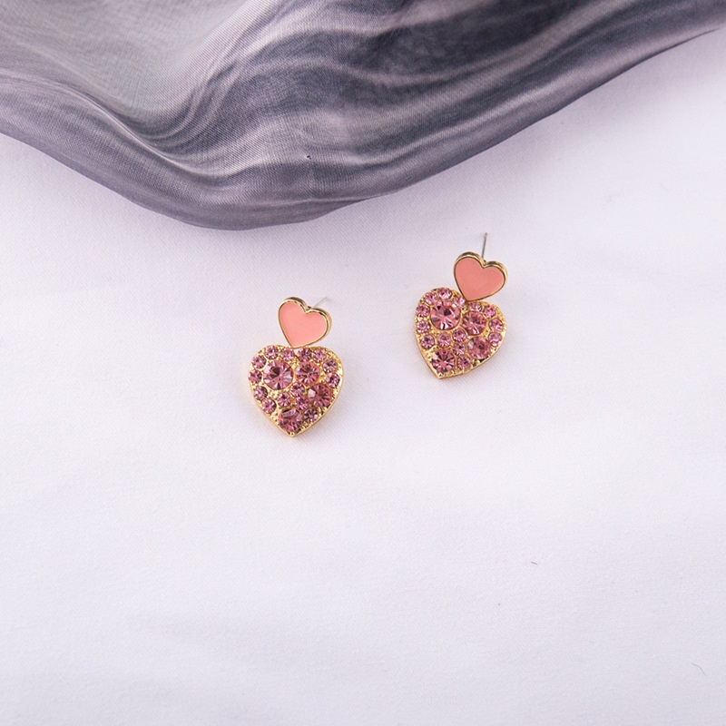 Anting 925 silver needle Bentuk Hati Aksen Berlian Warna pink