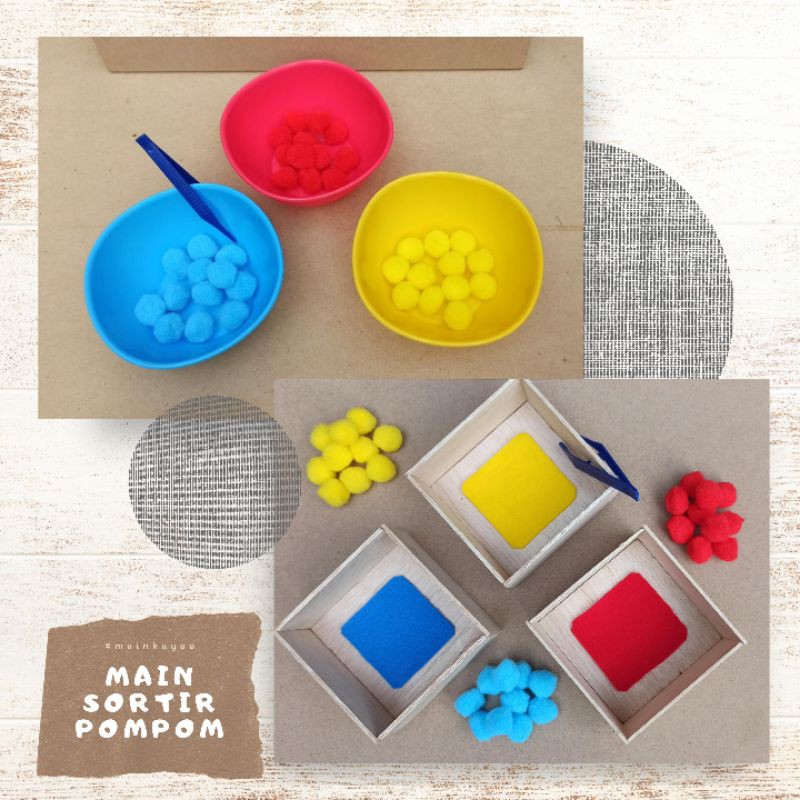 MAIN SORTIR - KANCING, POMPOM &amp; WATERBEADS Mainan Edukasi Montessori Anak