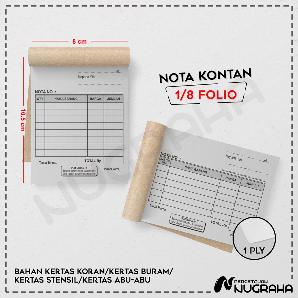 

NOTA UKURAN 1/8 FOLIO BAHAN KERTAS KORAN / STENSIL (KERTAS BURAM) / BUKU NOTA KONTAN TANPA RANGKAP Isi 50 lembar