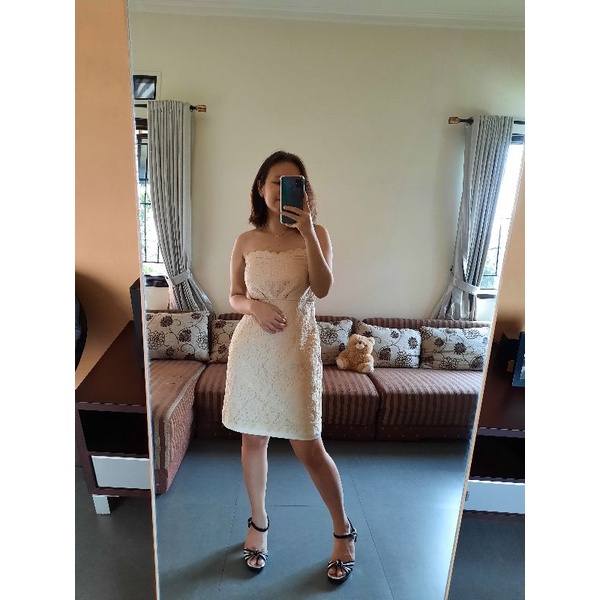 Cream Mini Dress Kemben Party Kondangan Wedding Wanita Sexy Lace Brokat Pesta Nikah