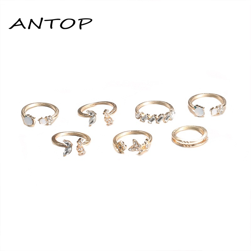 7 Set Cincin Bentuk Kupu-Kupu Bintang Bulan Warna Emas Gaya Retro Bohemian ANTOP