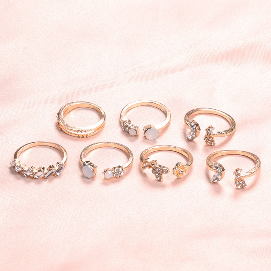 Hu Hu Hu Hu Hu Alat Bantu Pasang Kacamata♡ 7pcs Cincin Jari Model Terbuka Aksen Berlian Imitasi Untuk Wanita