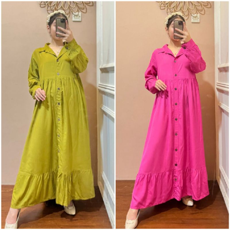 BISA COD AZKIYAHIJAB29 GAMIS RAYON POLOS DRESS SYARI POLOS GAMIS KANCING MIDI DRESS KOREA FULL KANCI