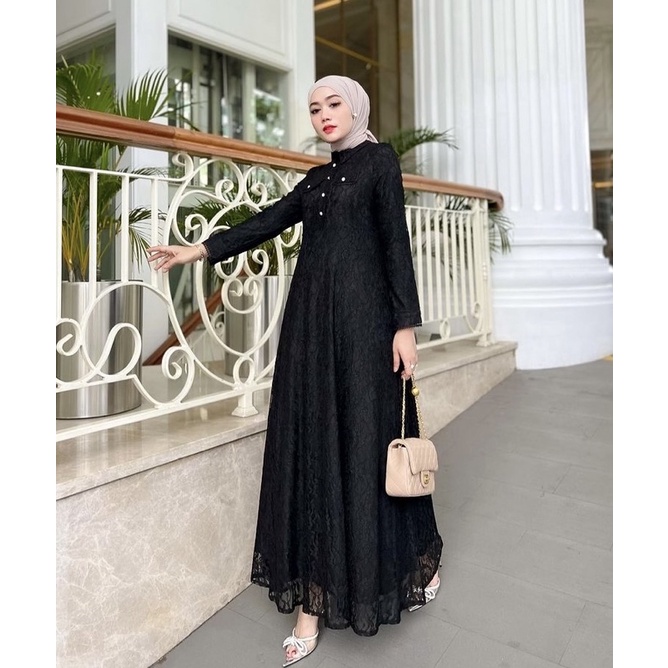 Yola Collared Maxi Floral Brokat Dress / Gamis Brukat Import Kerah Motif Bunga