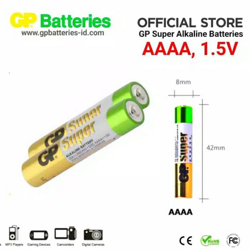 Baterai AAAA GP super Alkaline 1.5V1 Pack (isi 2 Pcs/Buah Baterai) Baterai Untuk Beragam Merk Stylus Pen Active Laser pointer Stylush Penlight