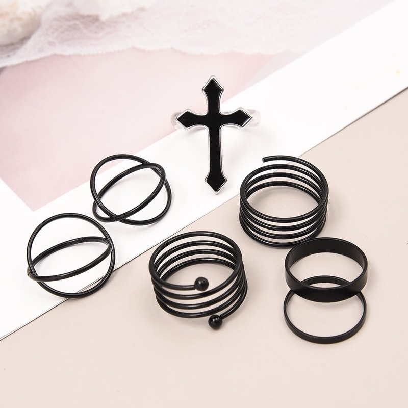 Set Cincin Desain Salib Geometris Bahan Logam Alloy Gaya Hip Hop Korea Untuk Pria Dan Wanita