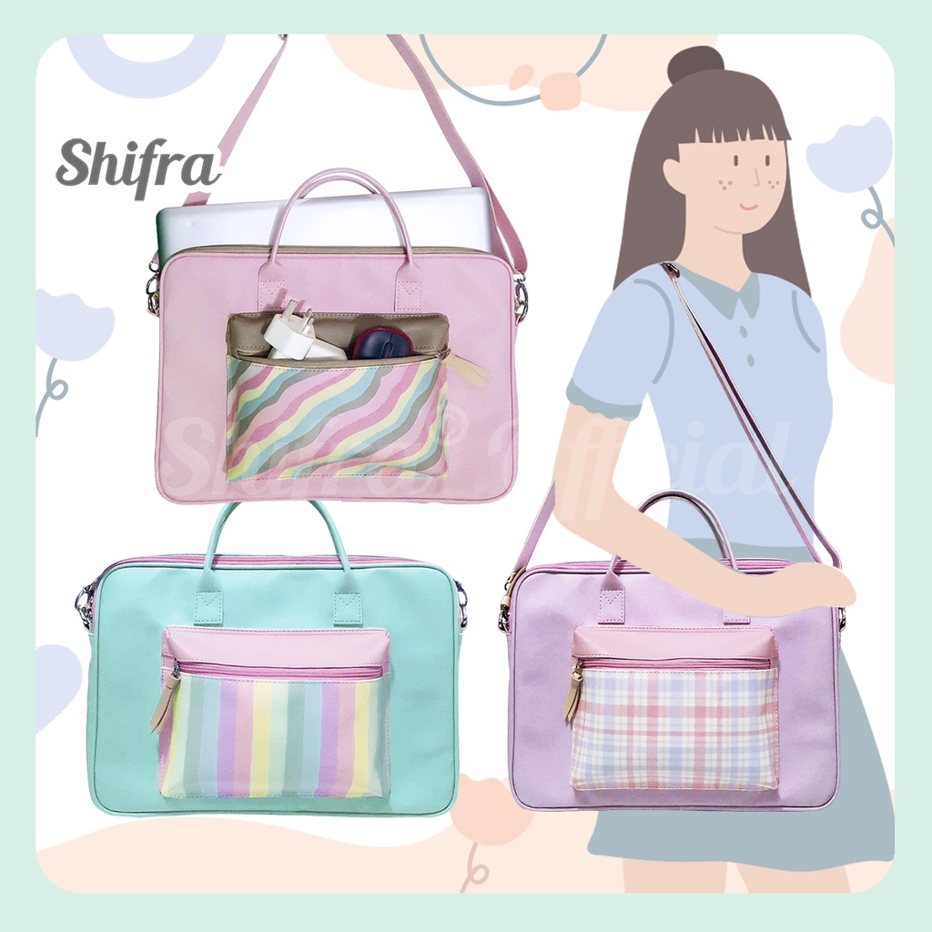 Shifra Tas Laptop Selempang Tali Panjang Kantong Warna Warni Pink Tosca Purple