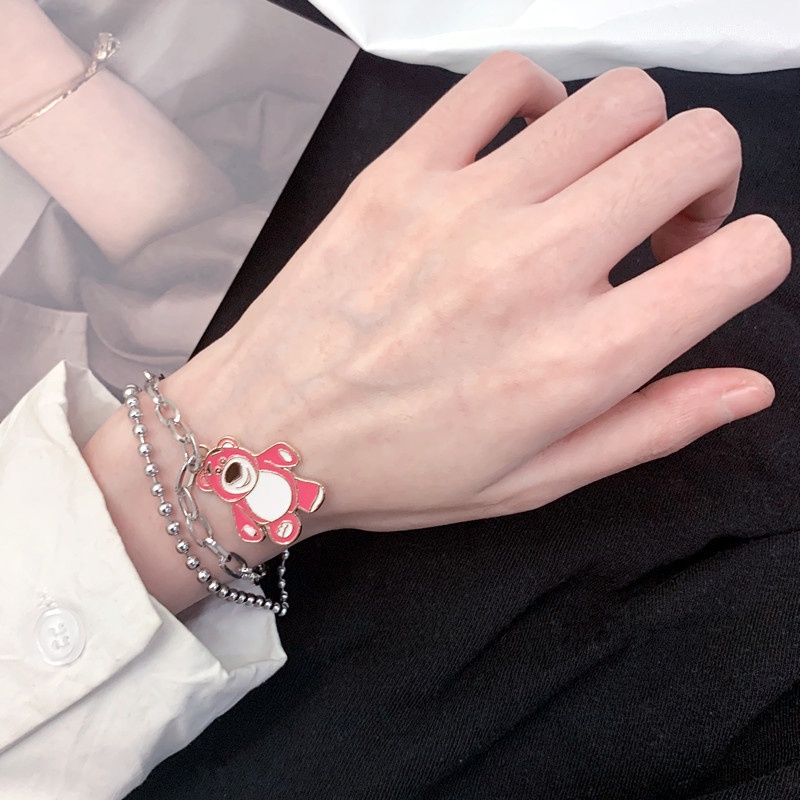 Gelang Double Layer Motif Kartun Beruang Strawberry Gaya Korea Untuk Wanita