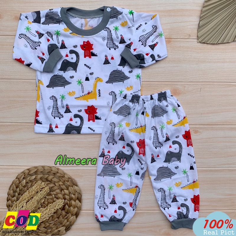 Setelan Piyama Bayi Baju Bayi Lengan Panjang Motif Dino Anak Usia 3-12 Bulan Kancing Bahu Almeera Baby and Kids