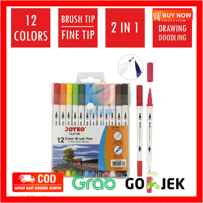 

(BISA COD) Color Brush Pen JOYKO 12 Warna 2 in 1 CLP-06 Spidol Kuas Pena Dua Mata