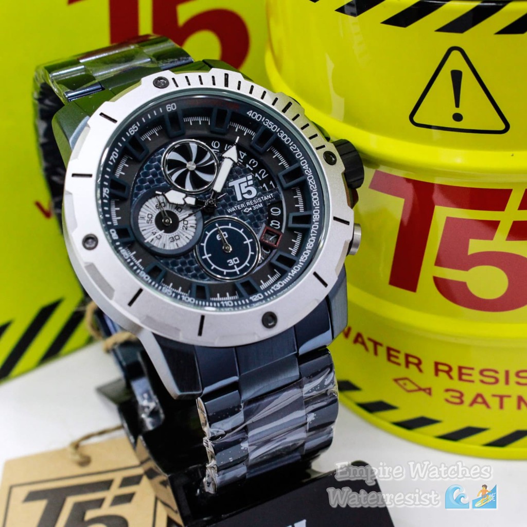 Jam Tangan T5 H3787G H3787 3787 Pria Cowok Analog Chrono dan Tanggal Aktif Rantai Stainless Original