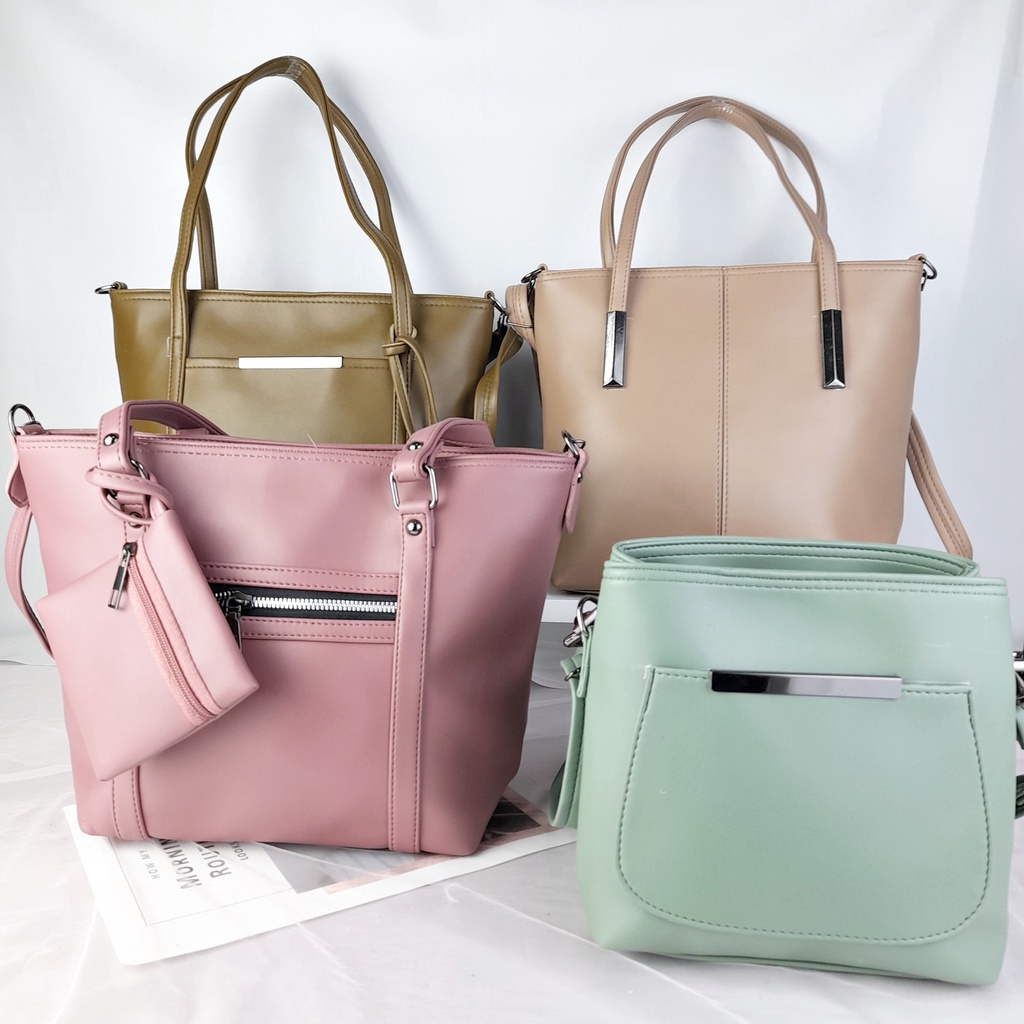 Tas Tote Wanita Kuliah Ngantor Ngemall Bahu Selempang Polos Leather Bag Lokal Premium Kulit Sintetis KT075 KT076 KT077 KT078