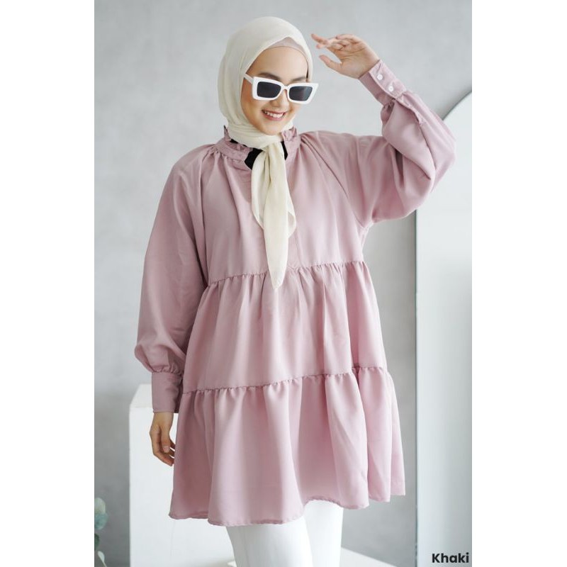 ruffle puff tunic casual dress wanita