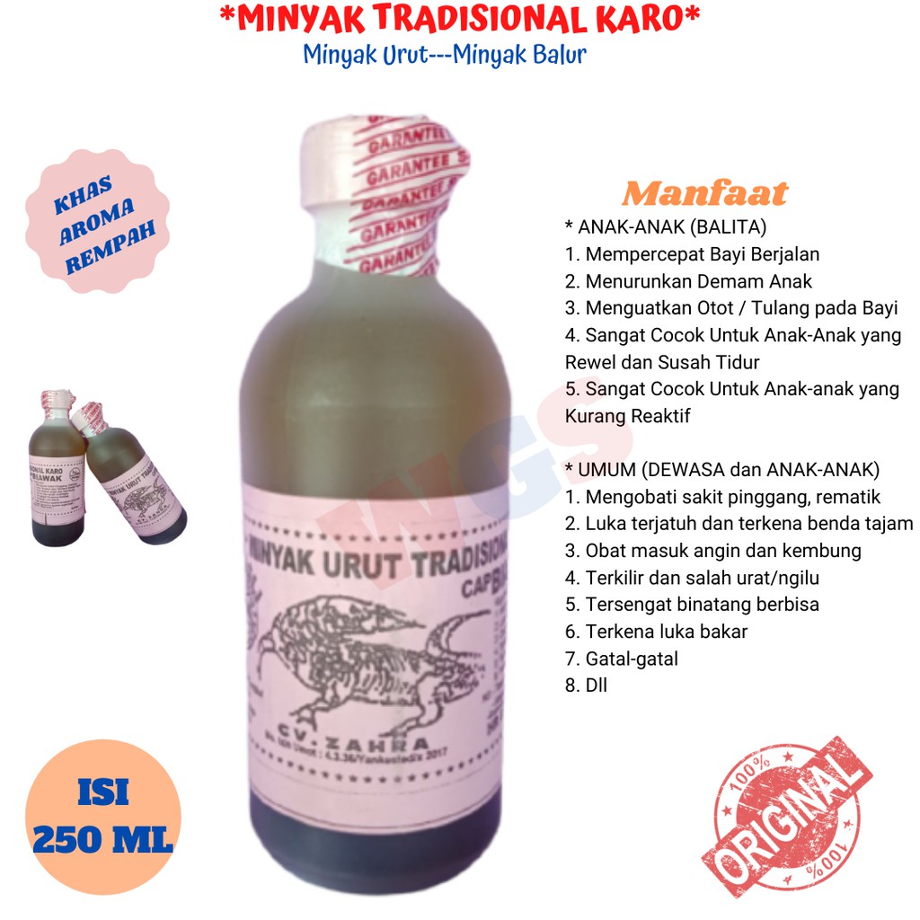 MINYAK URUT TRADISIONAL KARO  ASLI / MINYAK HERBAL / MINAK ALUN /    CAP BIAWAK 250 ML MURAH