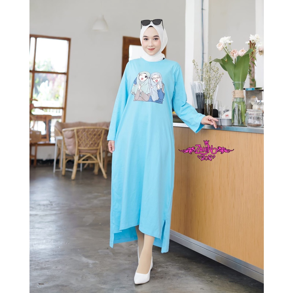 Kaos Midi Dress zahin combed dan Alina set outher mutiara mewah terbaru gamis wanita terkini