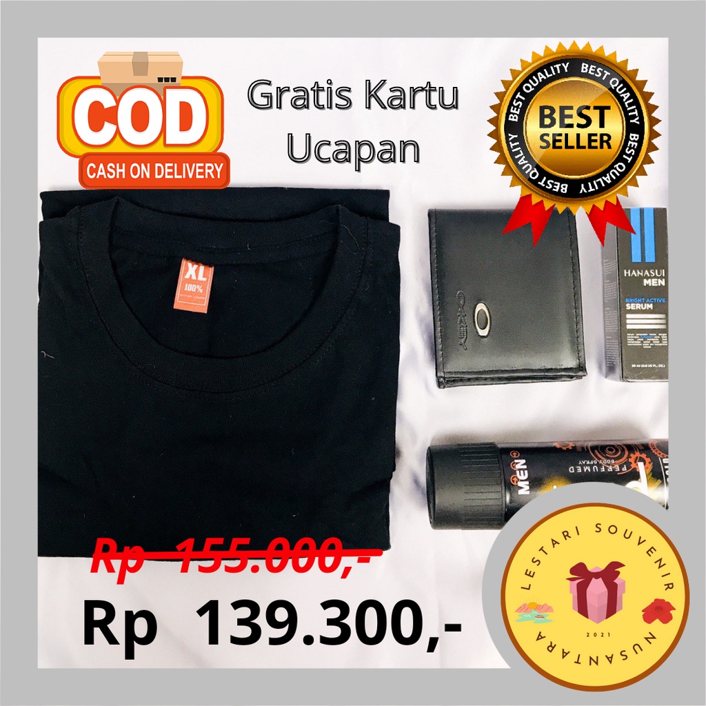 [Lestarisouvenir] Hampers Cowok Ganteng Kaos Polos Hitam Dompet Parfum Posh Serum Hanasui Kado Ulang