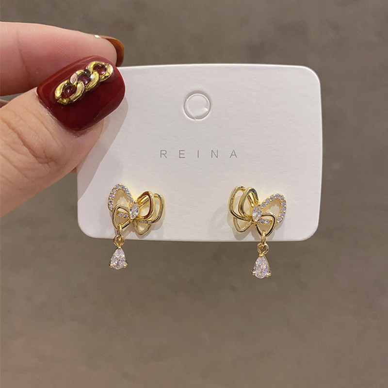 Anting Giwang Alloy Model Pita Dengan Kristal + Berlian Imitasi Warna Emas Untuk Wanita