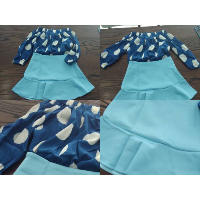 SETELAN SABRINA POLKADOT BIRU ROK PENDEK OOTD SATU SET