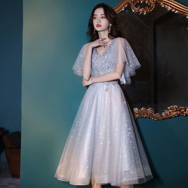 ND-816 S-3XL Custom size Gaun pesta midi impor dress pesta dress silver abu gaun silver abu baju pes