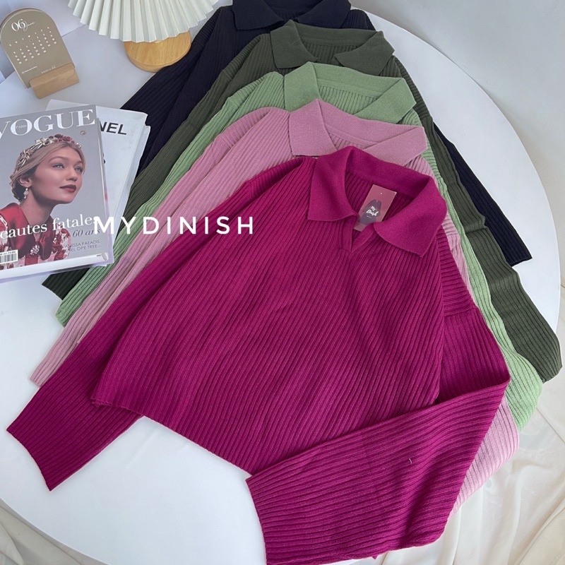 [BISA COD] Geani Crop Blouse / Atasan Wanita Berkerah Polo / Naomi Polo Knit Atasan Crop Top / Sweater Rajut Kerah Wanita Polos