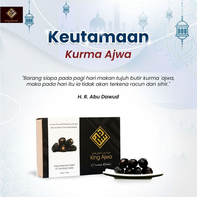 

Kurma Ajwa KING SALMAN Original 415 gram / KURMA KING AJWA box cantik premium / Kurma Nabi Super Asli Madinah