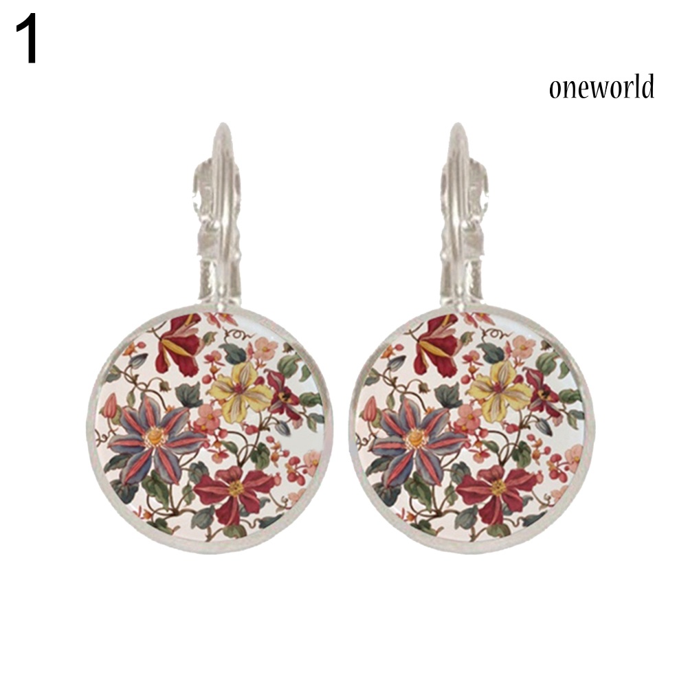 OW@ Vintage Flower Printed Round Pendant Women Leverback Earrings Party Jewelry