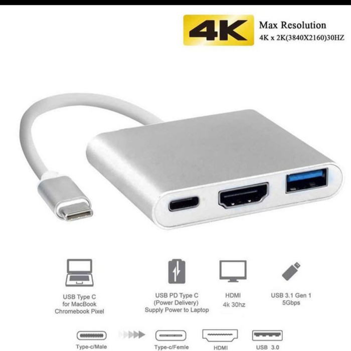 Converter Konektor USB Type C to 3 in 1 HDMI Converter USB 3.0 Type C
