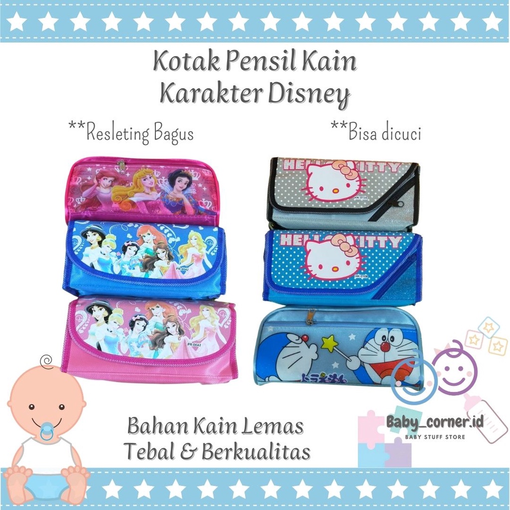 Kotak pensil besar anak bahan kain pouch restleting | tepak alat tulis | kartun karakter disney