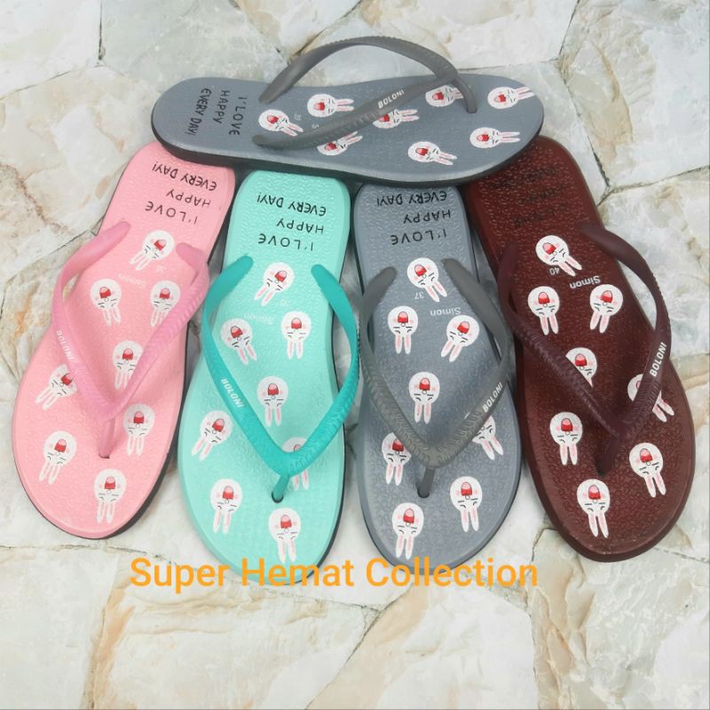 Boloni Simon Sandal Full Karet Siap Kirim Jepit Wanita Cewek Murah Sendal Perempuan Bali Motif Karakter Kelinci Lucu Murah Flat