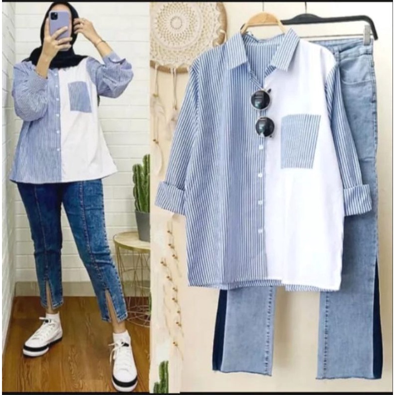 Mariska Tunik Atasan Kemeja Moscrepe Kombinasi Salur/ Baju Atasan Wanita Kekinian/ Atasan Terbaru Modern/ Kemeja Casual Trendy