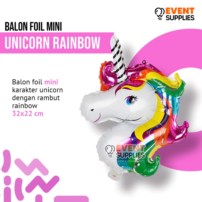 Balon Foil Kepala Unicorn Mini Rainbow/Pink/Ungu Ulang Tahun