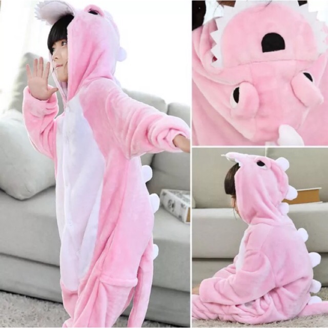 BAJU ONESIE DINOSAURUS PINK PIYAMA KOSTUM PESTA ANAK