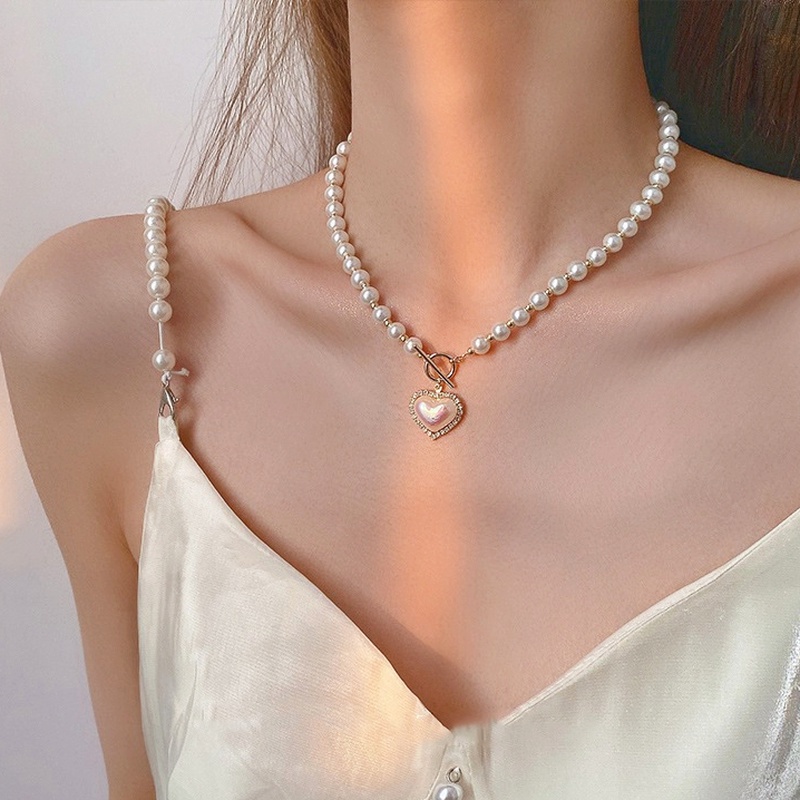 Kalung Rantai Choker Liontin Hati Hias Mutiara Berlian Imitasi Untuk Wanita