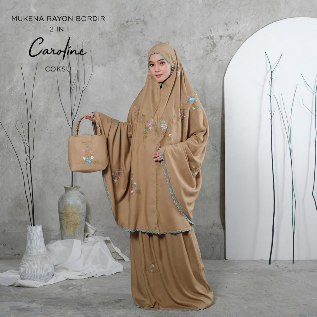 PUSAT MUKENA TASIK - MUKENA RENDA DEWASA RAYON BORDIR 2 IN 1 CAROLINE