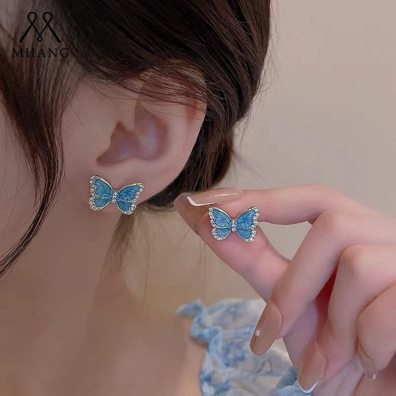 Anting Tusuk Silver Desain Kupukupu Biru Hias Zircon Gaya Korea Untuk Wanita Butterfly