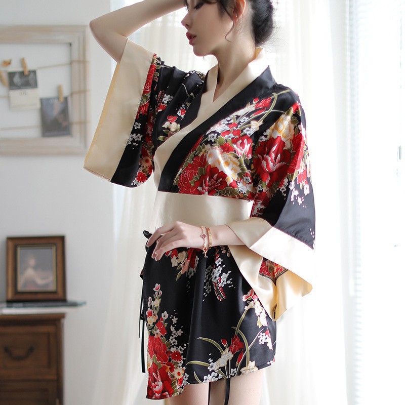 LI-86 lingeria atau baju tidur mini kimono yukata baju tidur lingeria cosplay-HITAM