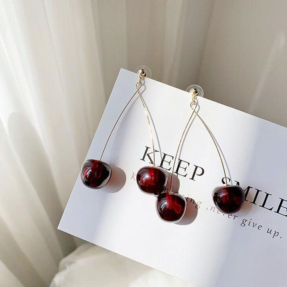 Needway Drop Earrings Lucu Pesta Aksesoris Fashion Buah Resin Merah Cherry Stud Earrings